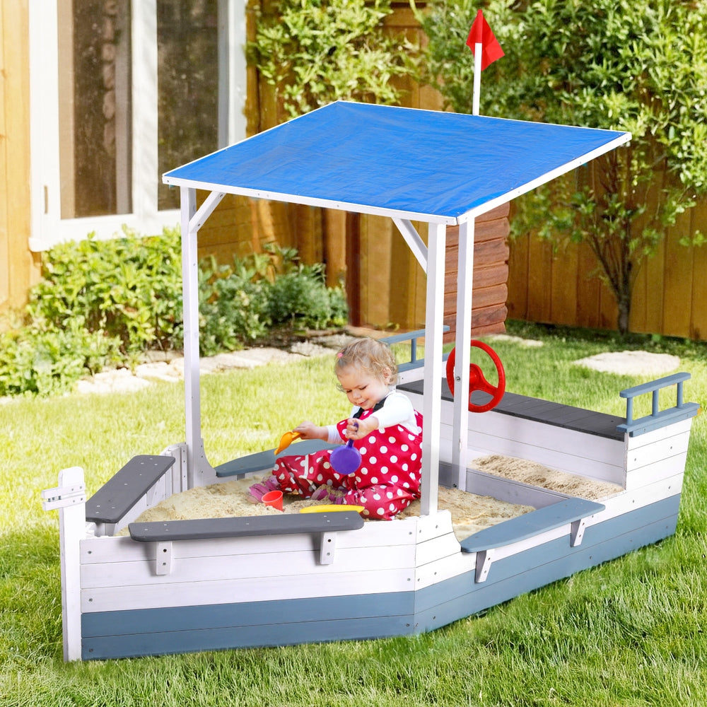 Wooden Boat Sandpit with Canopy Flag