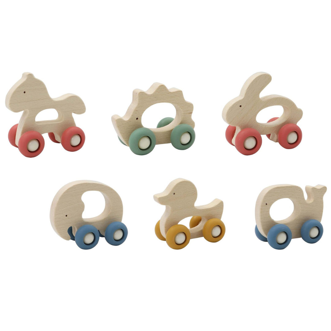 Wooden Grip Animal With Silicone Wheels Pack of 6