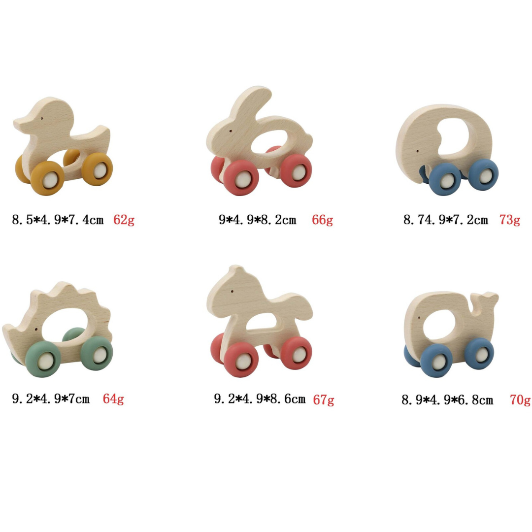 Wooden Grip Animal With Silicone Wheels Pack of 6