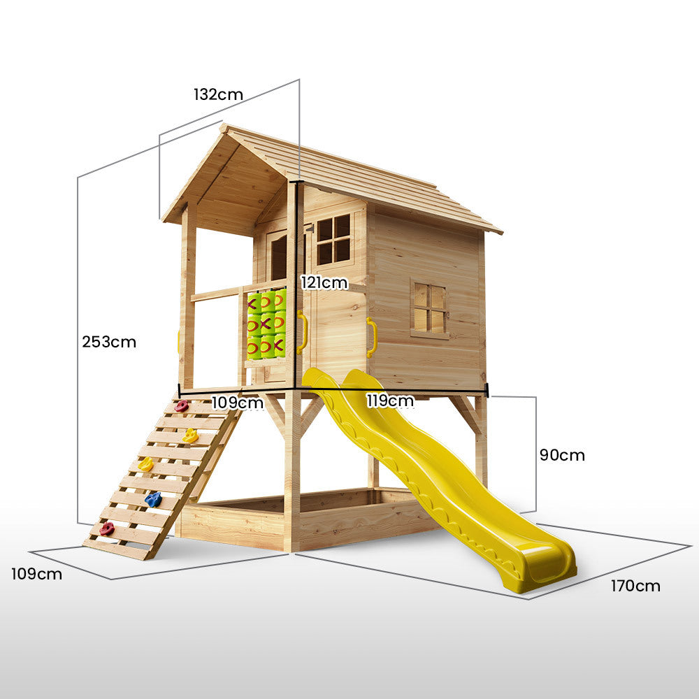 Wooden Tower Cubby House with Slide